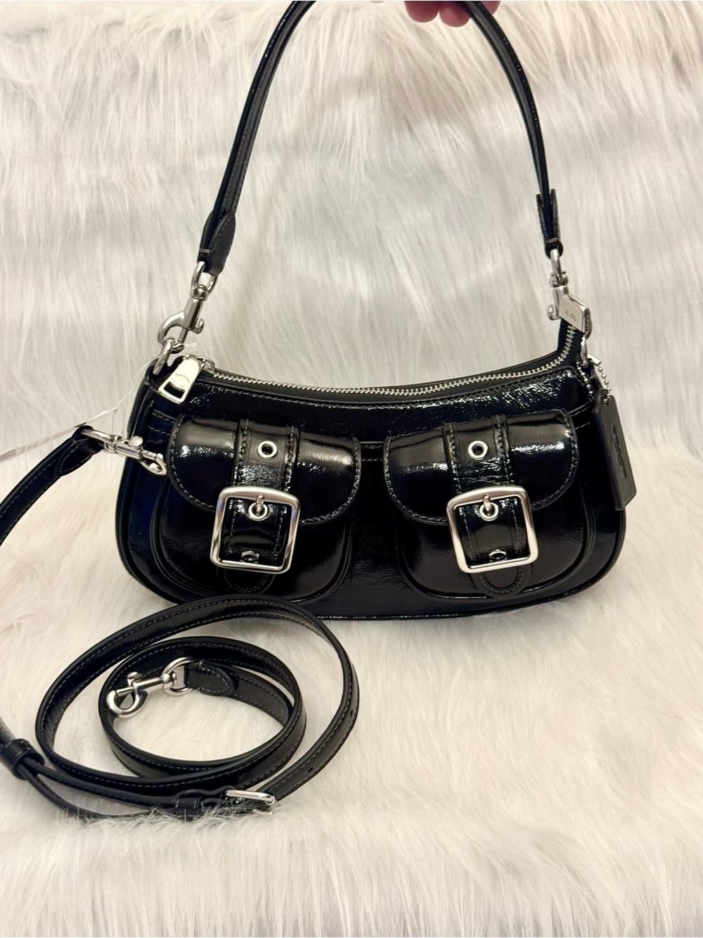 NWT Coach CBJ01 Glazed Leather Ashton Shoulder Bag Silver /Black